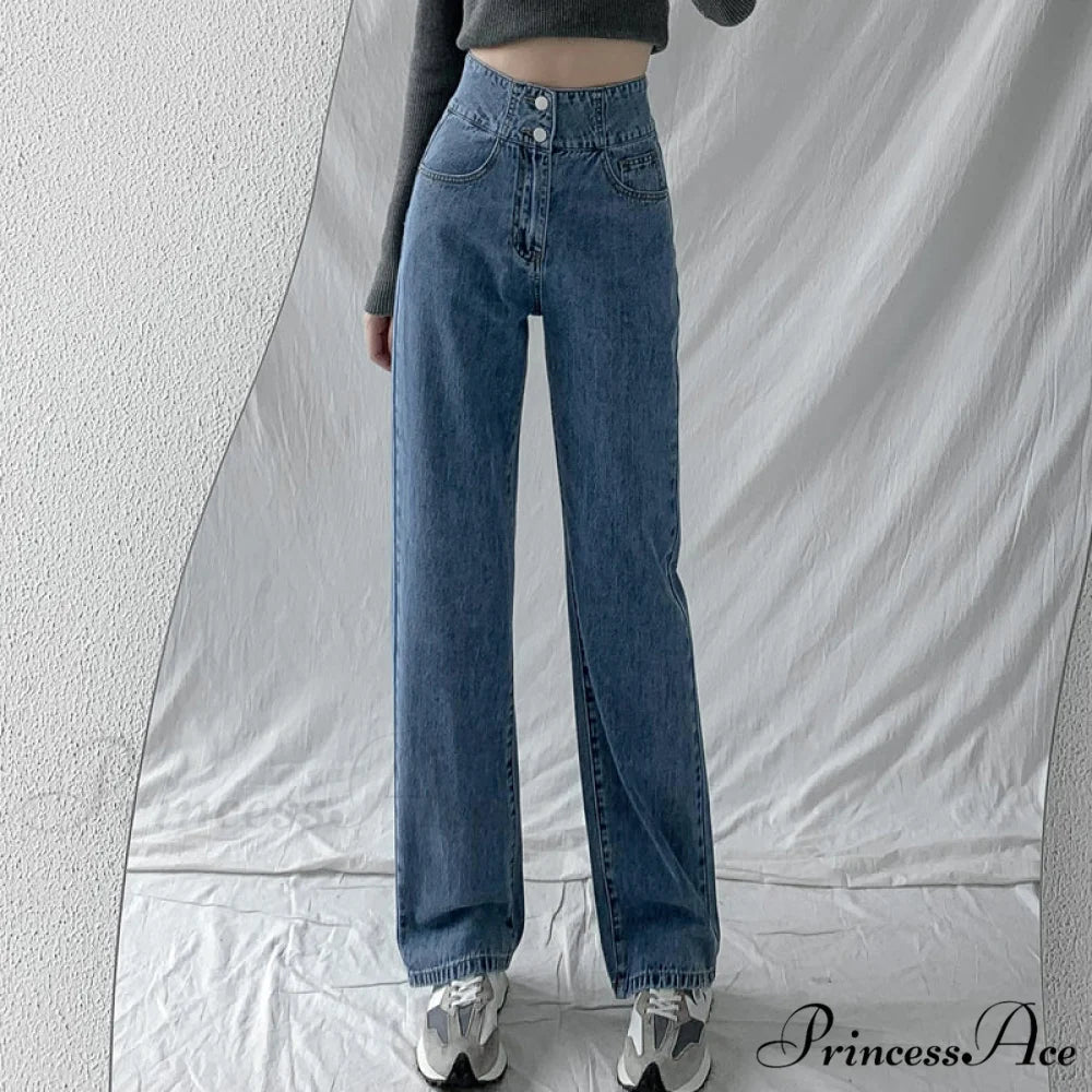 Hight Waist Blue White Wide Leg Comfy Jeans Dark Blue / S