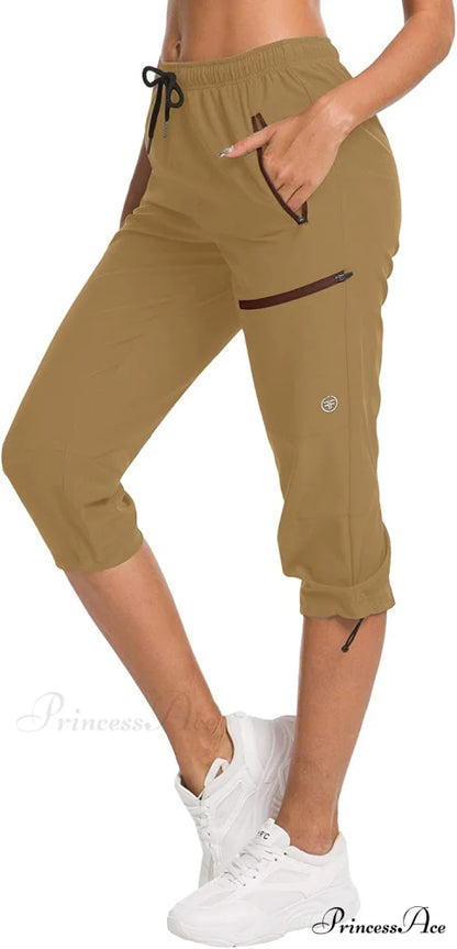 Hiking Capris Pants Outdoor Quick Dry Cargo Cropped Pants Capri-deep Khaki / Large