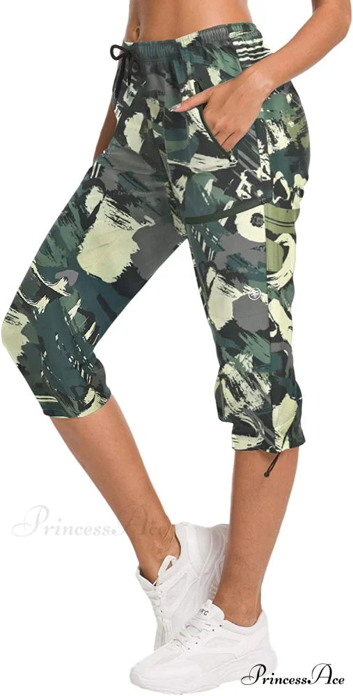 Hiking Capris Pants Outdoor Quick Dry Cargo Cropped Pants Capri-green & Olivine Graffiti / Large