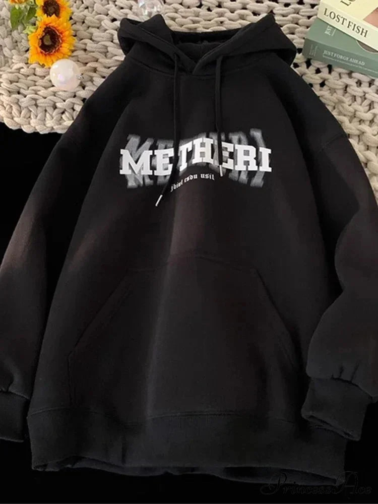 Hip Hop Correspondence Print Cotton Fleece Hoodie Black / M(40-45KG) hoodies-241228