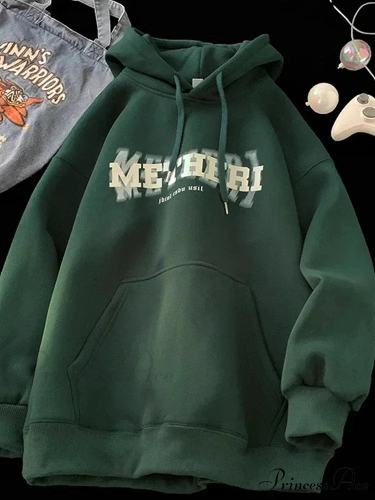 Hip Hop Correspondence Print Cotton Fleece Hoodie Green / M(40-45KG) hoodies-241228