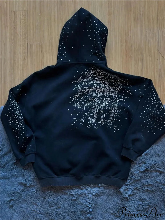Hip Hop Cross Oversized Rhinestone Zip Up Hoodie