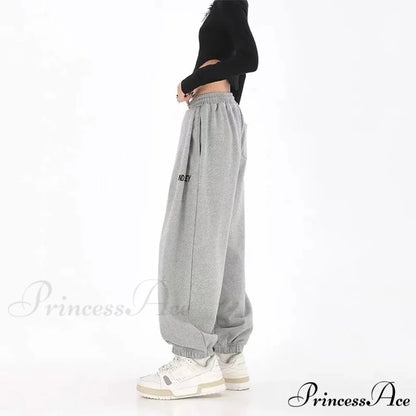 Hip Hop Message Drawstring Running Trousers Light Grey / S pants-241228