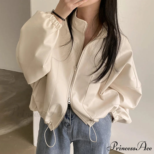 Hip Hop Personalized PU Leather Jacket Beige / One Size