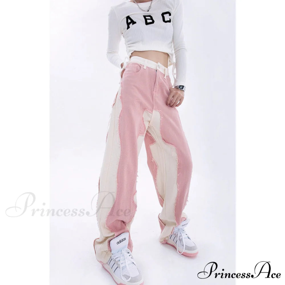 Hip Hop Street Style Pink White Baggy Jeans