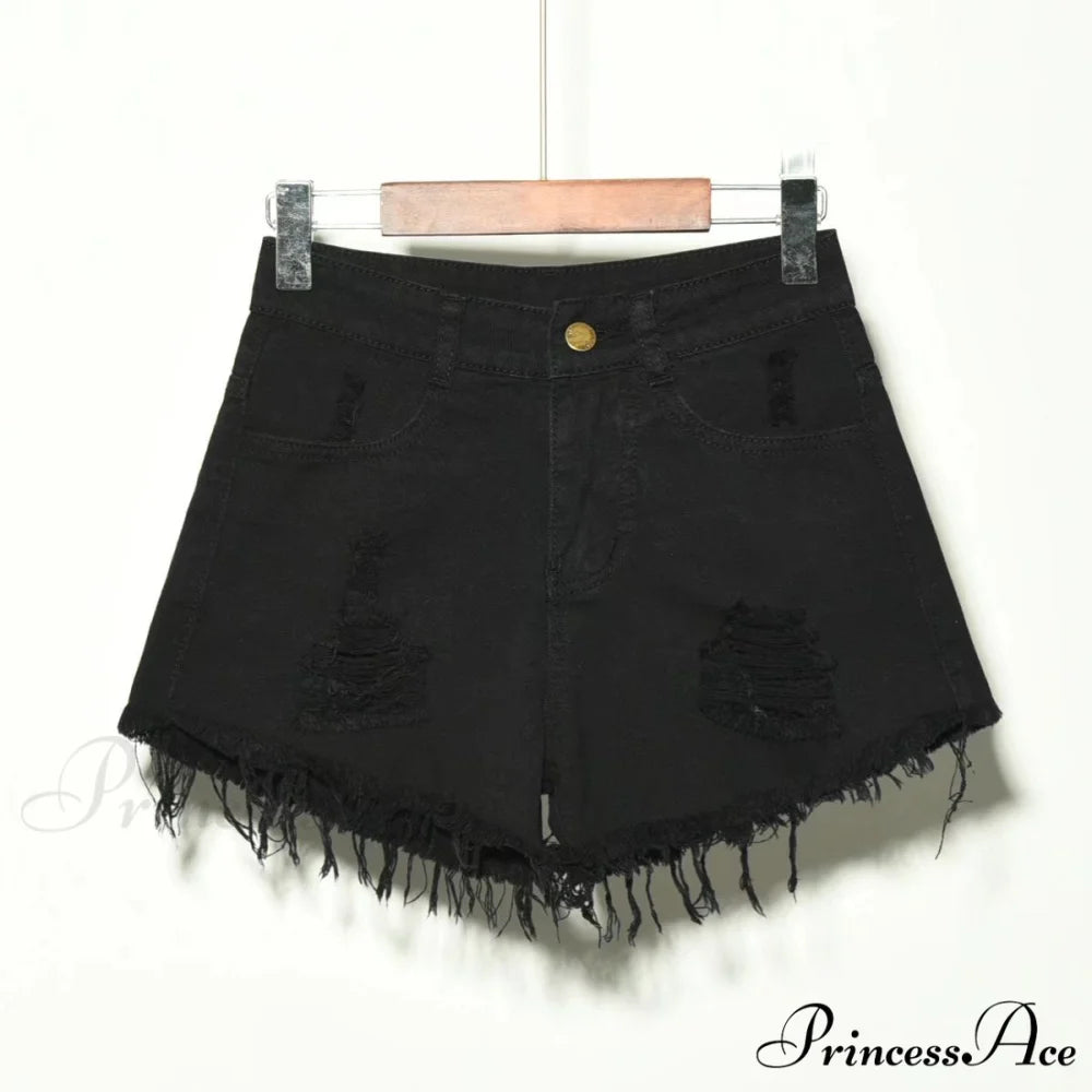 Hole Irregular Large Size Denim Shorts black / S