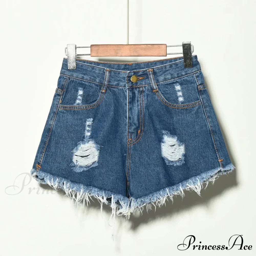 Hole Irregular Large Size Denim Shorts blue / S