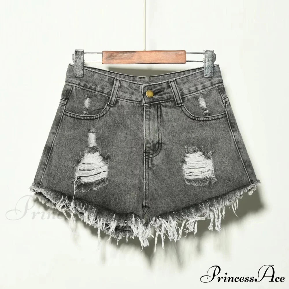 Hole Irregular Large Size Denim Shorts gray / S
