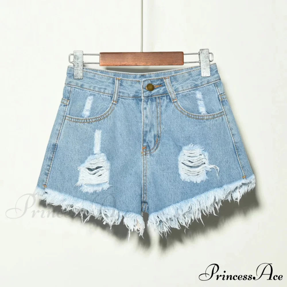 Hole Irregular Large Size Denim Shorts Light blue / S