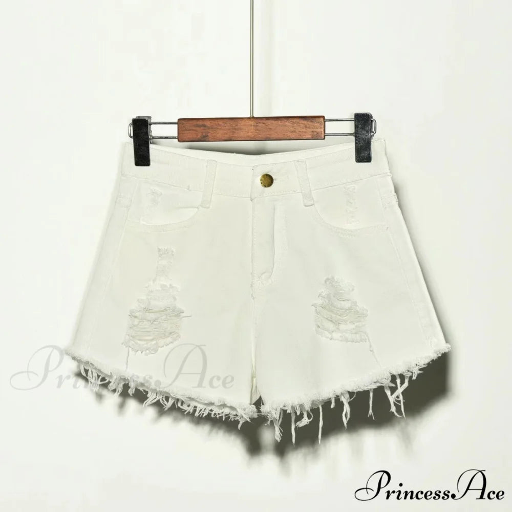 Hole Irregular Large Size Denim Shorts white / S