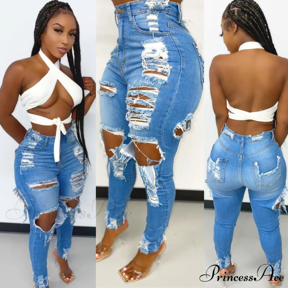 Hole Ripped High Waist Push Up Pants