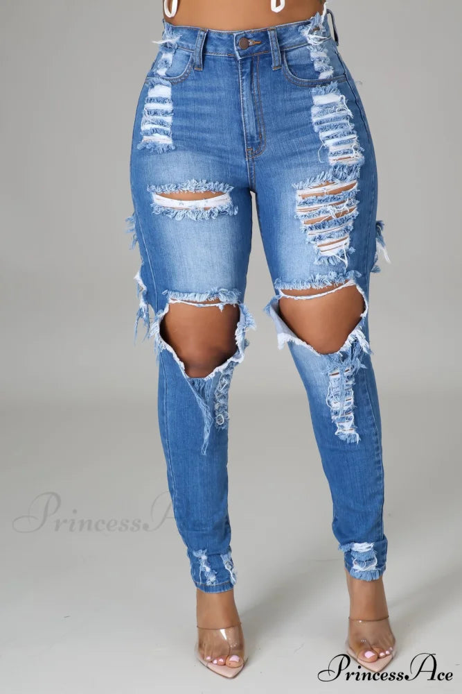 Hole Ripped High Waist Push Up Pants Blue / S