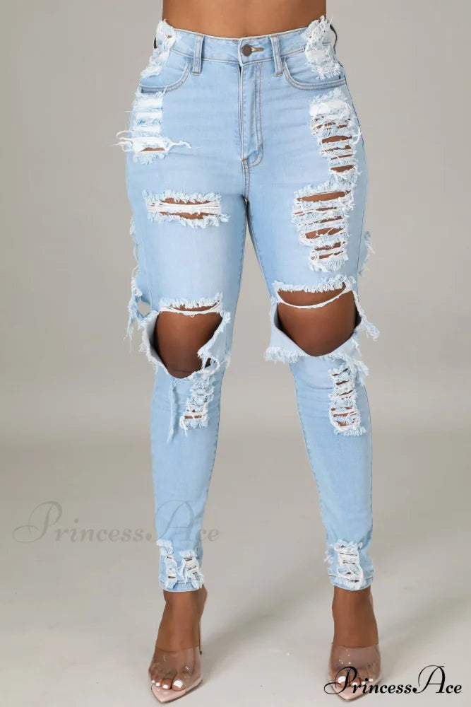 Hole Ripped High Waist Push Up Pants Sky Blue / S