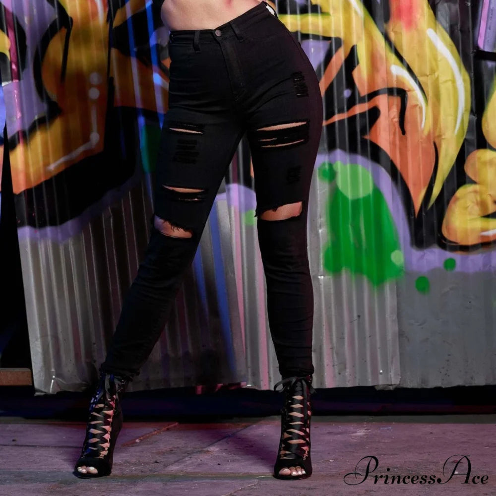 Holes Leggings Pants De Mujer Vaqueros Black / S