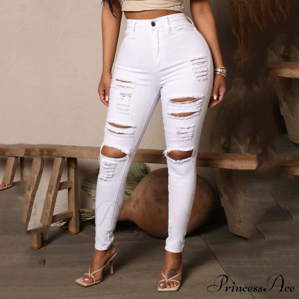 Holes Leggings Pants De Mujer Vaqueros White / S