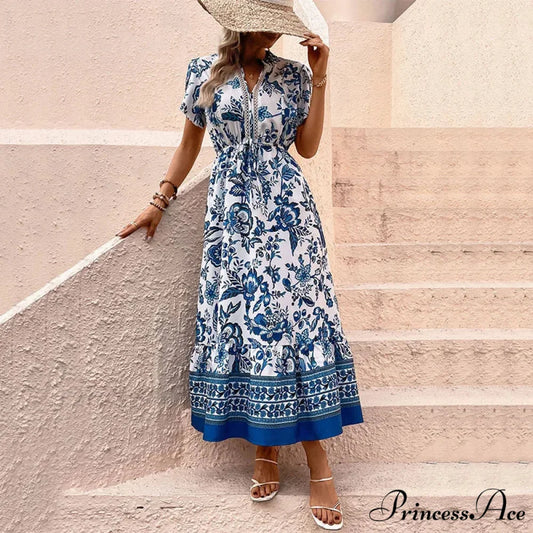 Holiday Style Flower Pattern Dress Blue / S oldfloraldress-250126