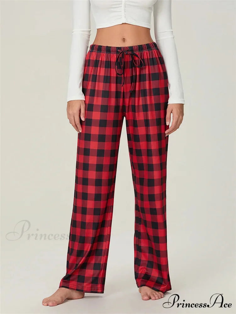 Holiday Tartan Pattern Lace-Up Stretchy Lounge Pant RED / S pant-250223