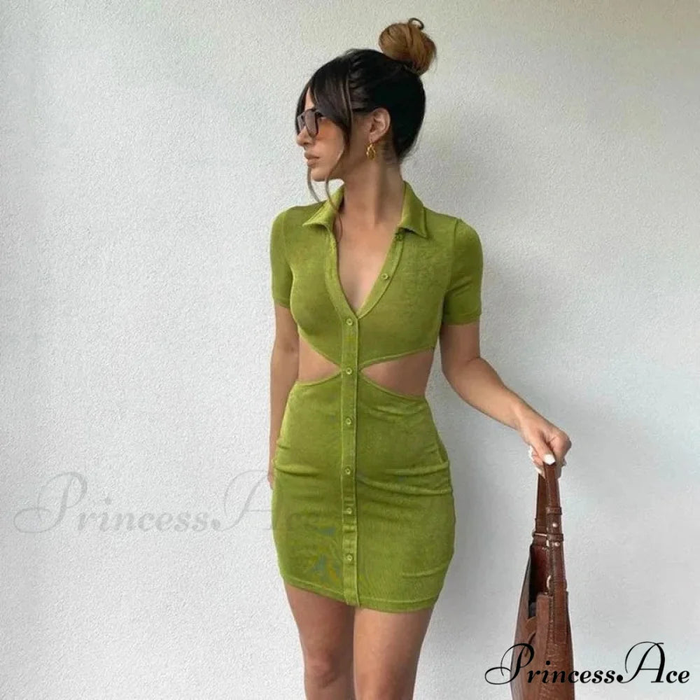 Hollow Bodycon Mini Split Nightclub Evening Female Casual Elegant Streetwear Top Cut Out Dress army green / S