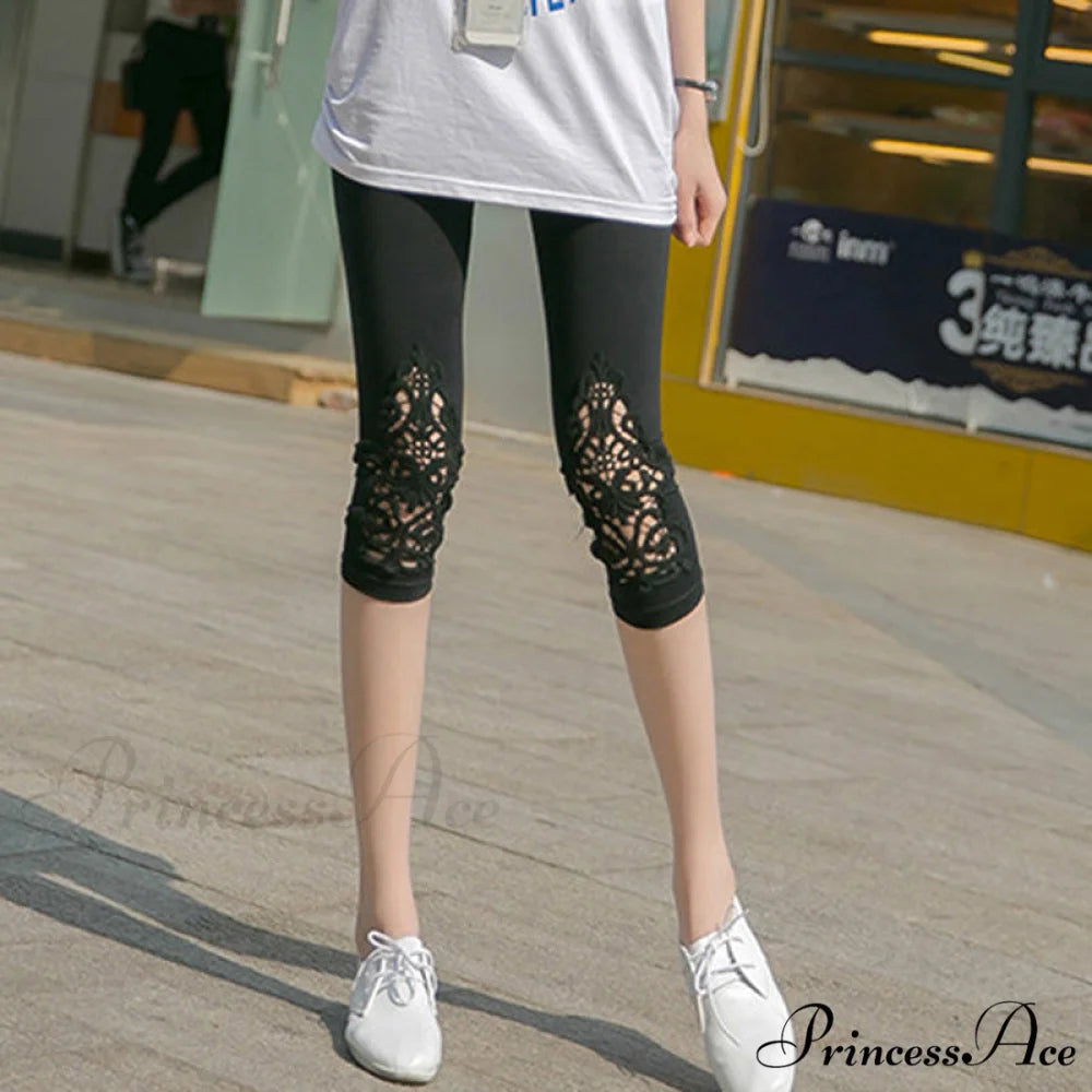 Hollow Lace Stretch Leggings Black 1 / S