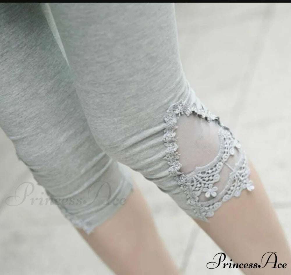 Hollow Lace Stretch Leggings Gray 2 / S