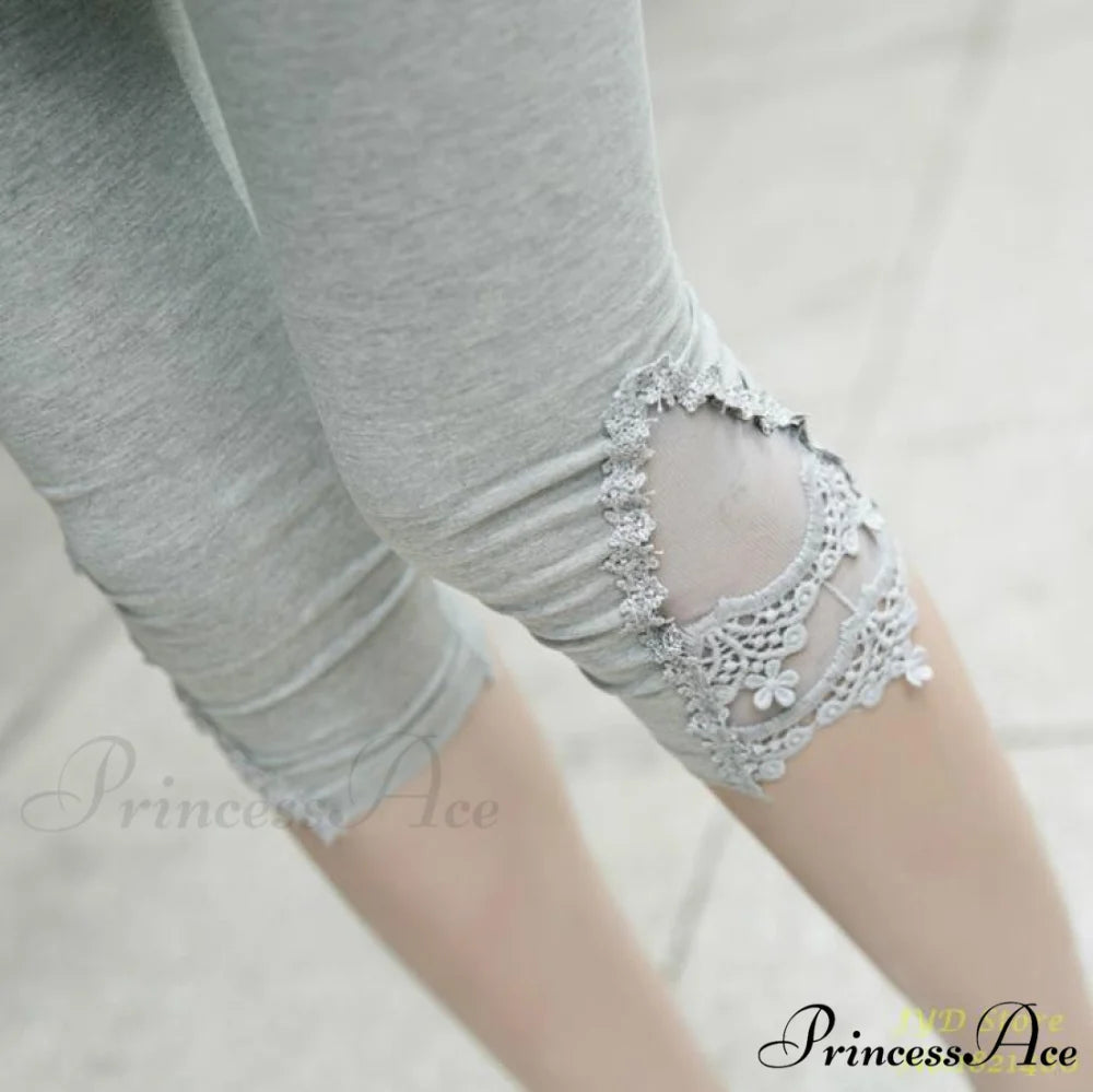 Hollow Lace Stretch Leggings Lace Gray / S
