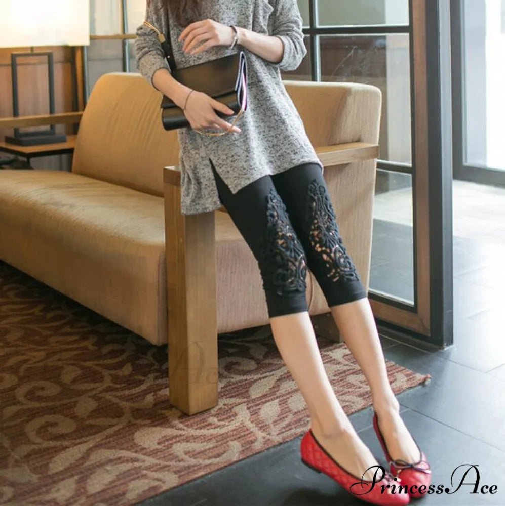 Hollow Lace Stretch Leggings Hollow out Black / S