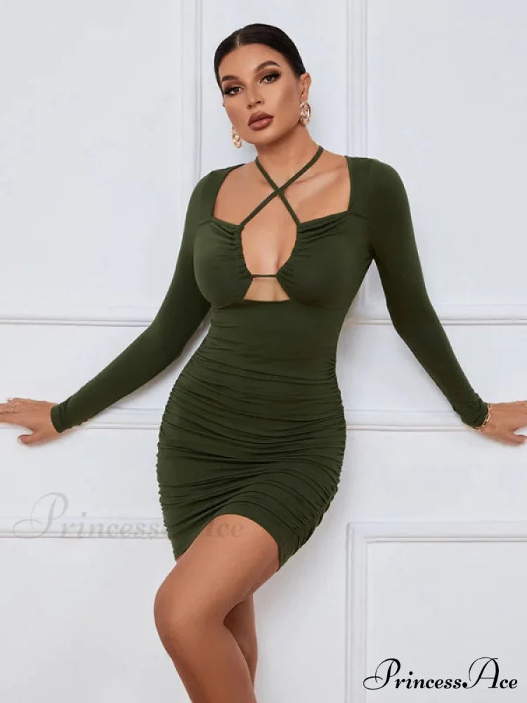 HOLLOW LONG SLEEVE SHORT DRESS M / black