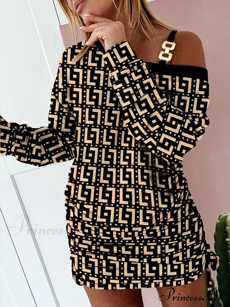 Hollow Off Shoulder Drawstring Casual Diagonal Collar Long Seeve Dress 01 Khaki Geometry / S