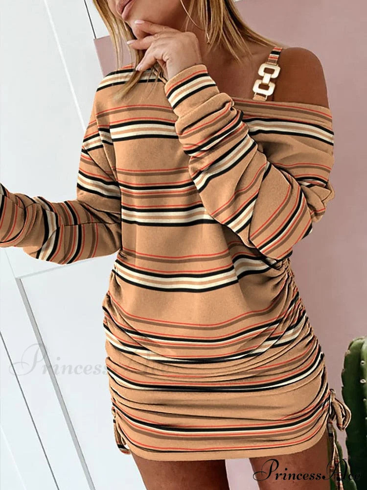 Hollow Off Shoulder Drawstring Casual Diagonal Collar Long Seeve Dress 04 Orange Stripe / S