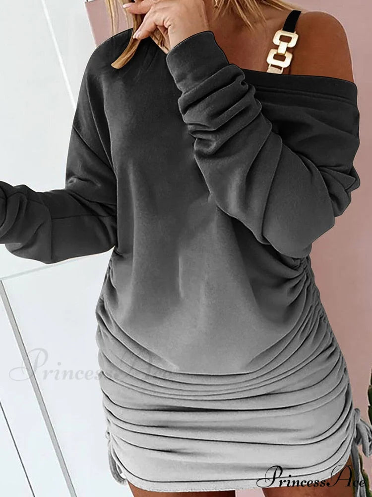 Hollow Off Shoulder Drawstring Casual Diagonal Collar Long Seeve Dress 09 Print / S