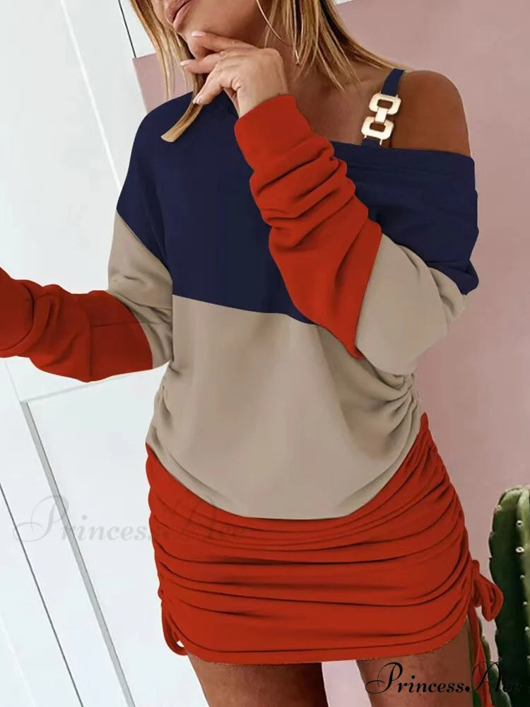 Hollow Off Shoulder Drawstring Casual Diagonal Collar Long Seeve Dress 10 Print / S