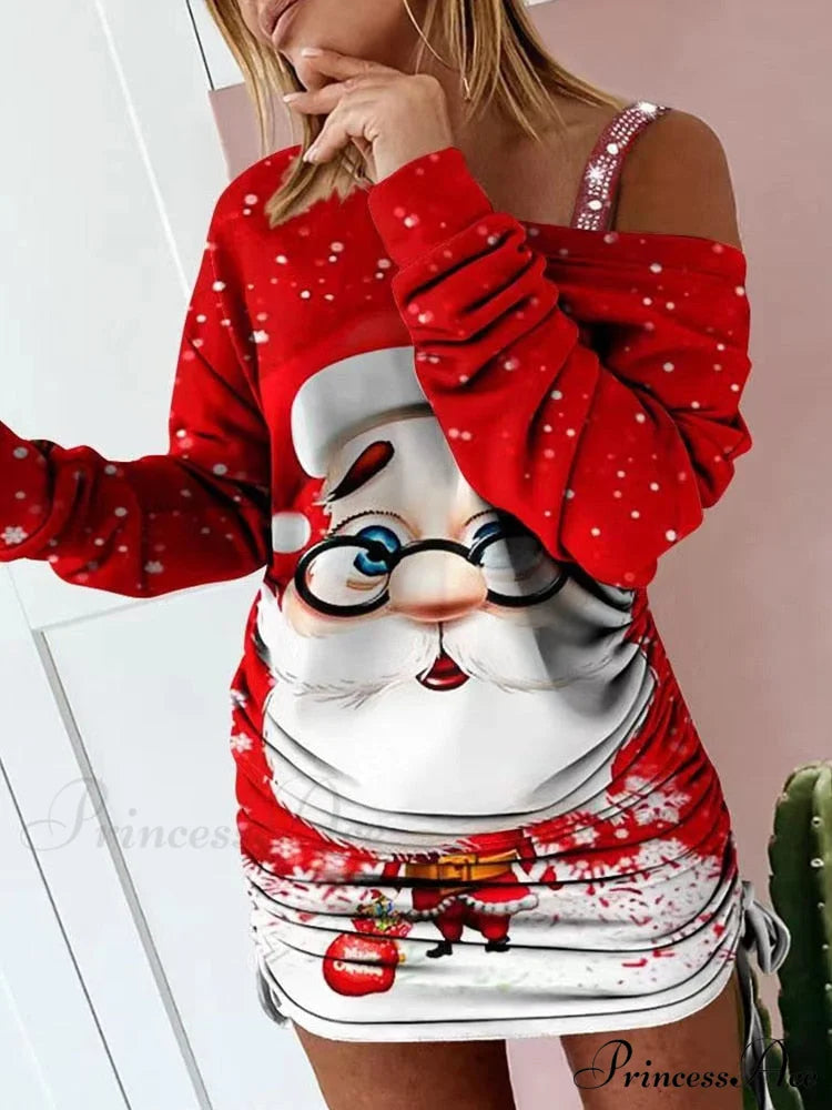 Hollow Off Shoulder Drawstring Casual Diagonal Collar Long Seeve Dress 13 Print / S