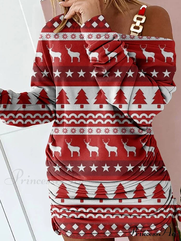 Hollow Off Shoulder Drawstring Casual Diagonal Collar Long Seeve Dress 14 Print / S