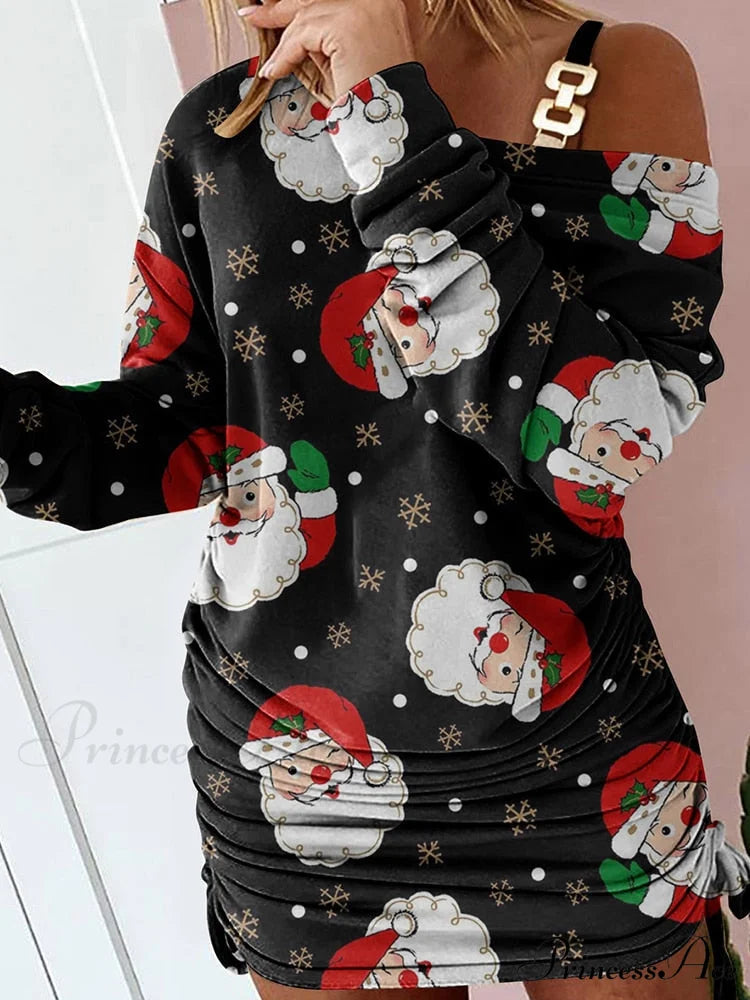 Hollow Off Shoulder Drawstring Casual Diagonal Collar Long Seeve Dress 15 Print / S