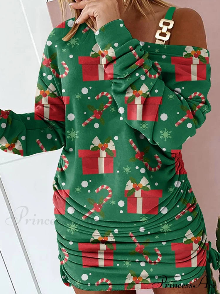 Hollow Off Shoulder Drawstring Casual Diagonal Collar Long Seeve Dress 16 Print / S