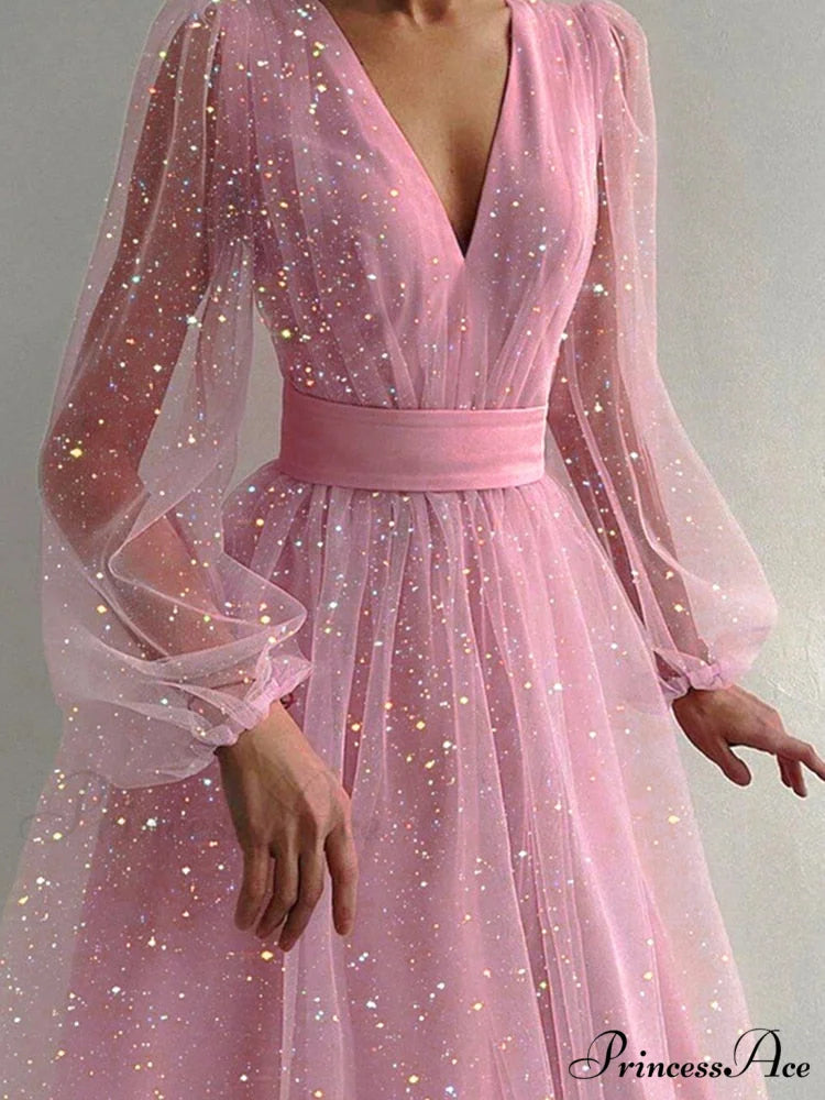 Hollow Office Warm-Season Gown Design Lady Gown V-Neck Women Party Full-Length Sexy Pattern Out Fashion Dress 01 Pink