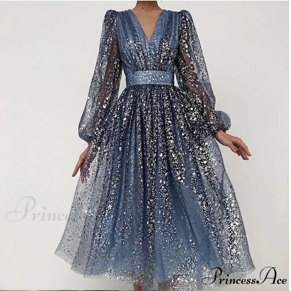 Hollow Office Warm-Season Gown Design Lady Gown V-Neck Women Party Full-Length Sexy Pattern Out Fashion Dress 02 Blue