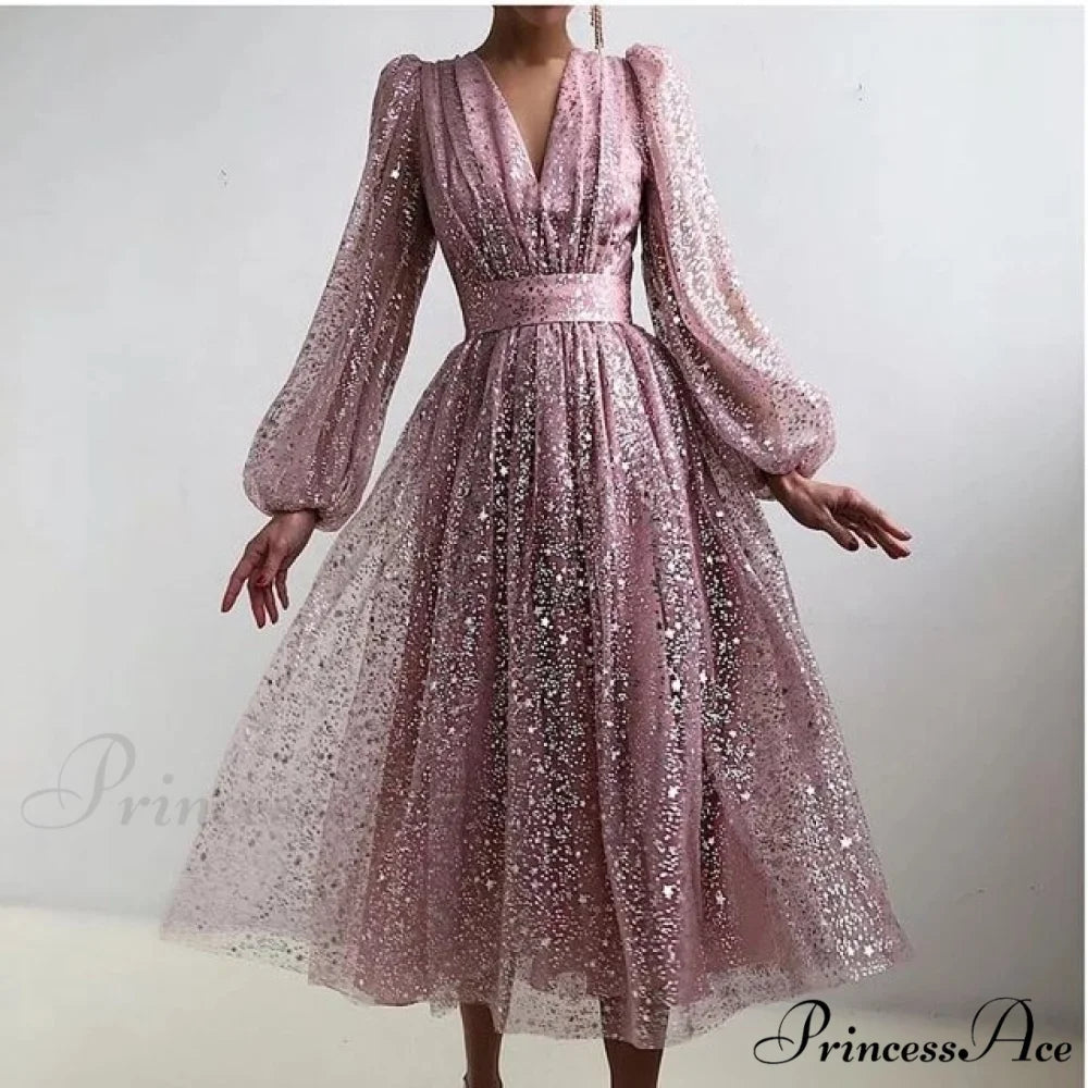 Hollow Office Warm-Season Gown Design Lady Gown V-Neck Women Party Full-Length Sexy Pattern Out Fashion Dress 02 Pink