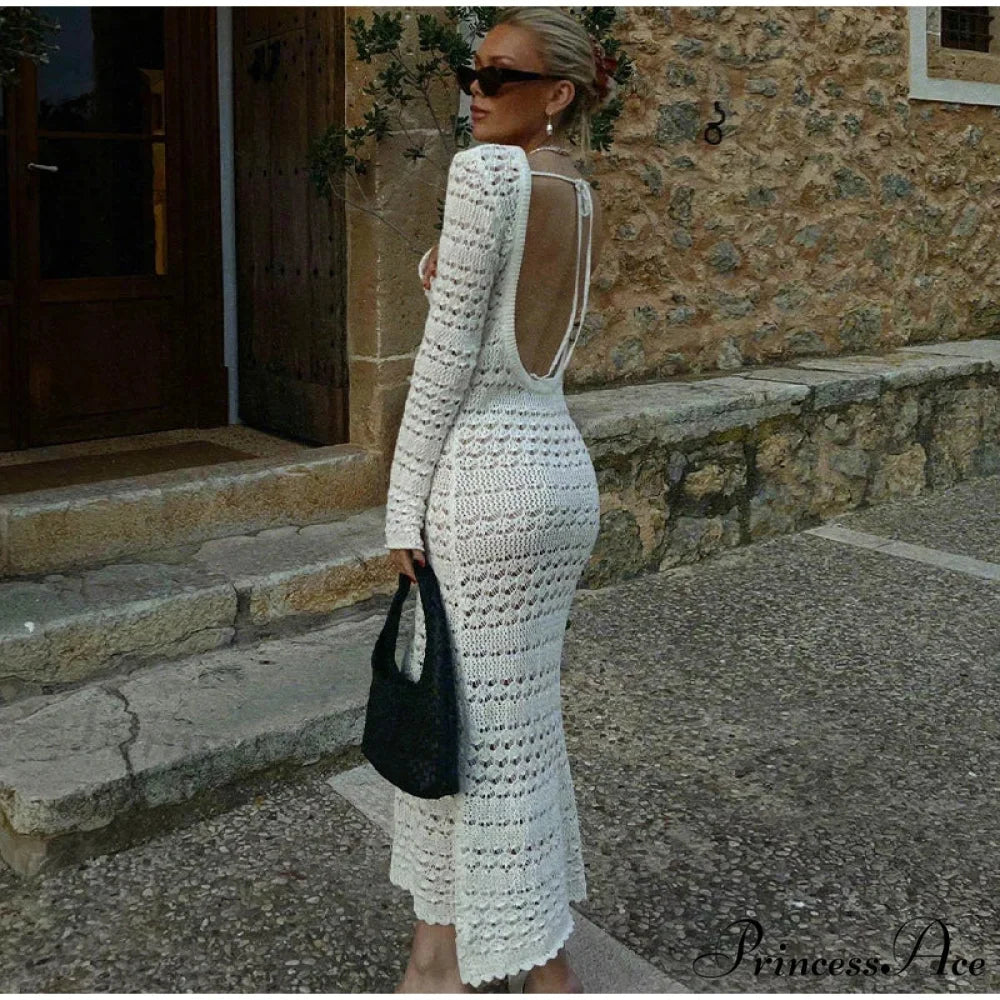 Hollow Out Backless Knitted Fashion Long Sleeve Lace Up Mix Midi Dress WHITE / S