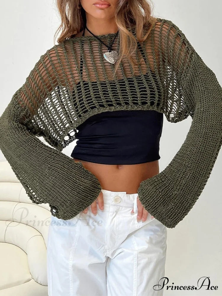 Hollow Out Crochet Trendy Cover Up Maxi Dress Green / S