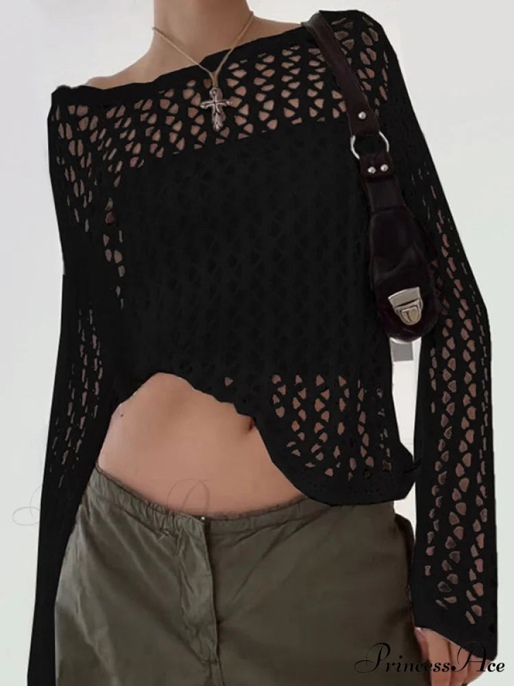 Hollow Out Crochet Trendy Knitted Crop Top Black / S