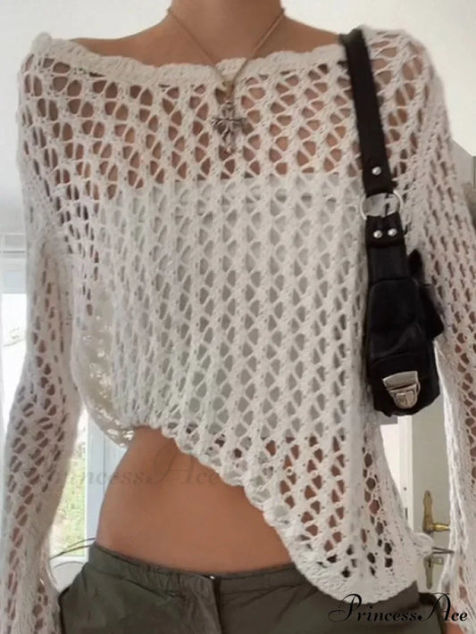 Hollow Out Crochet Trendy Knitted Crop Top White / S