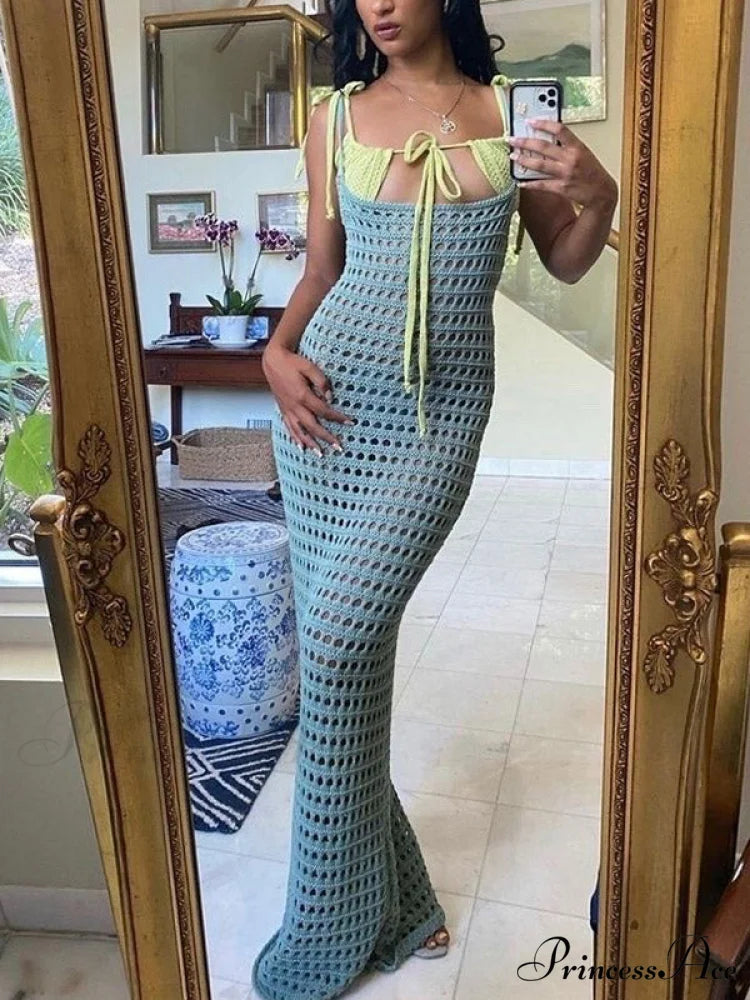 Hollow Out Graceful Bodycon Maxi Dress Blue / S