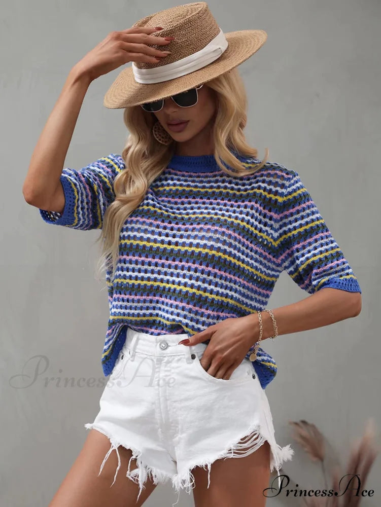 Hollow Out Knitted Trendy Crochet Tank Top Blue / L