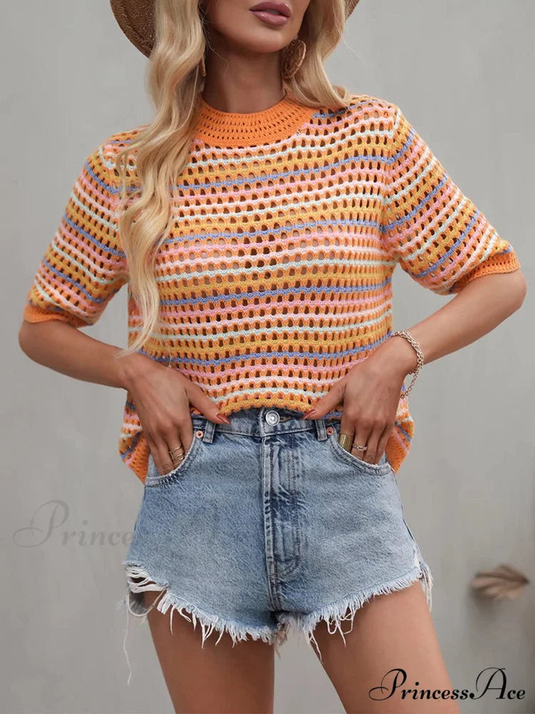 Hollow Out Knitted Trendy Crochet Tank Top Orange / L