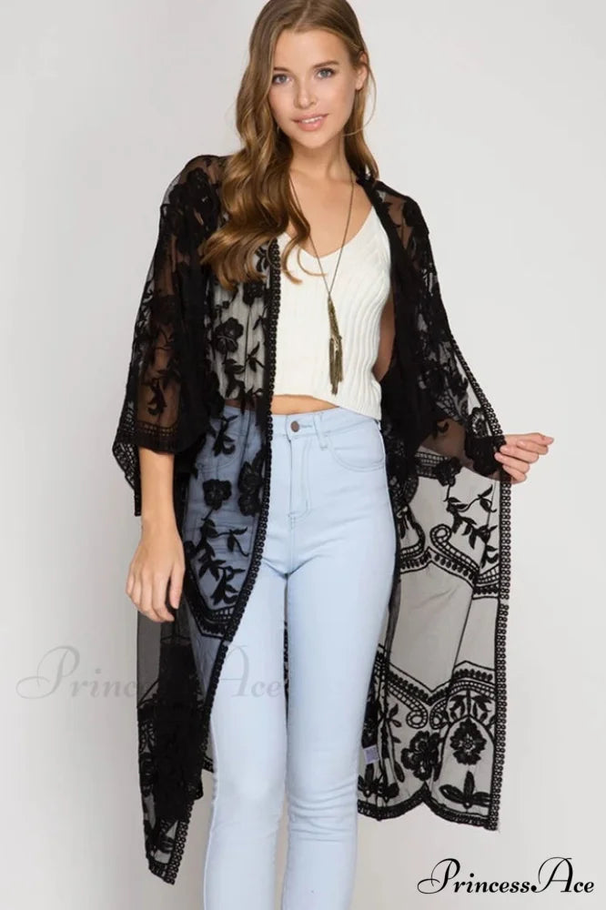 Hollow Out Lace Charming Kimono Cover Up Free Size / 2#