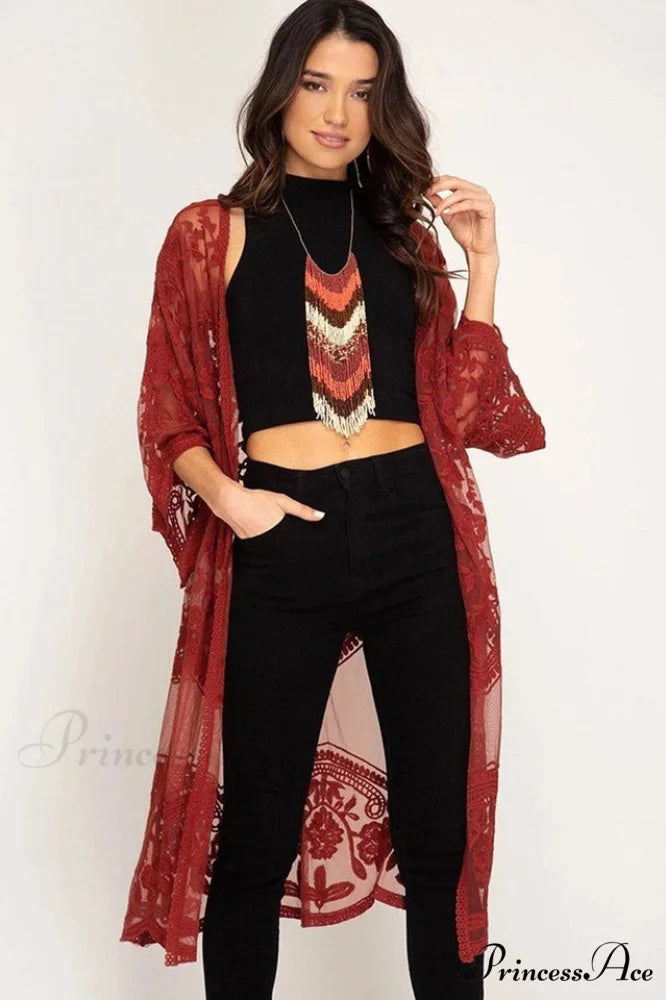 Hollow Out Lace Charming Kimono Cover Up Free Size / 3#