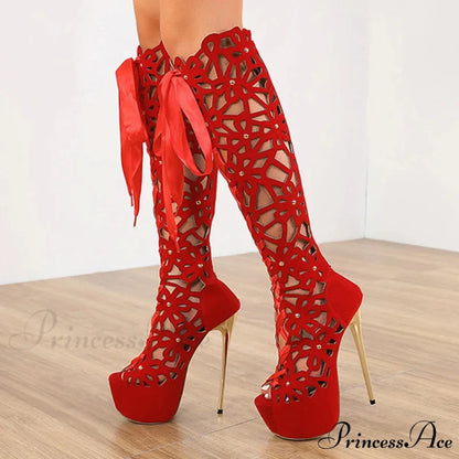 Hollow-Out Lace-Up Platform Knee-High Sexy Sandals Cross-Tie Peep-ToeFashionable High Heel