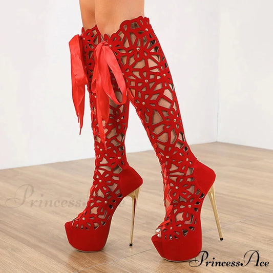 Hollow-Out Lace-Up Platform Knee-High Sexy Sandals Cross-Tie Peep-ToeFashionable High Heel