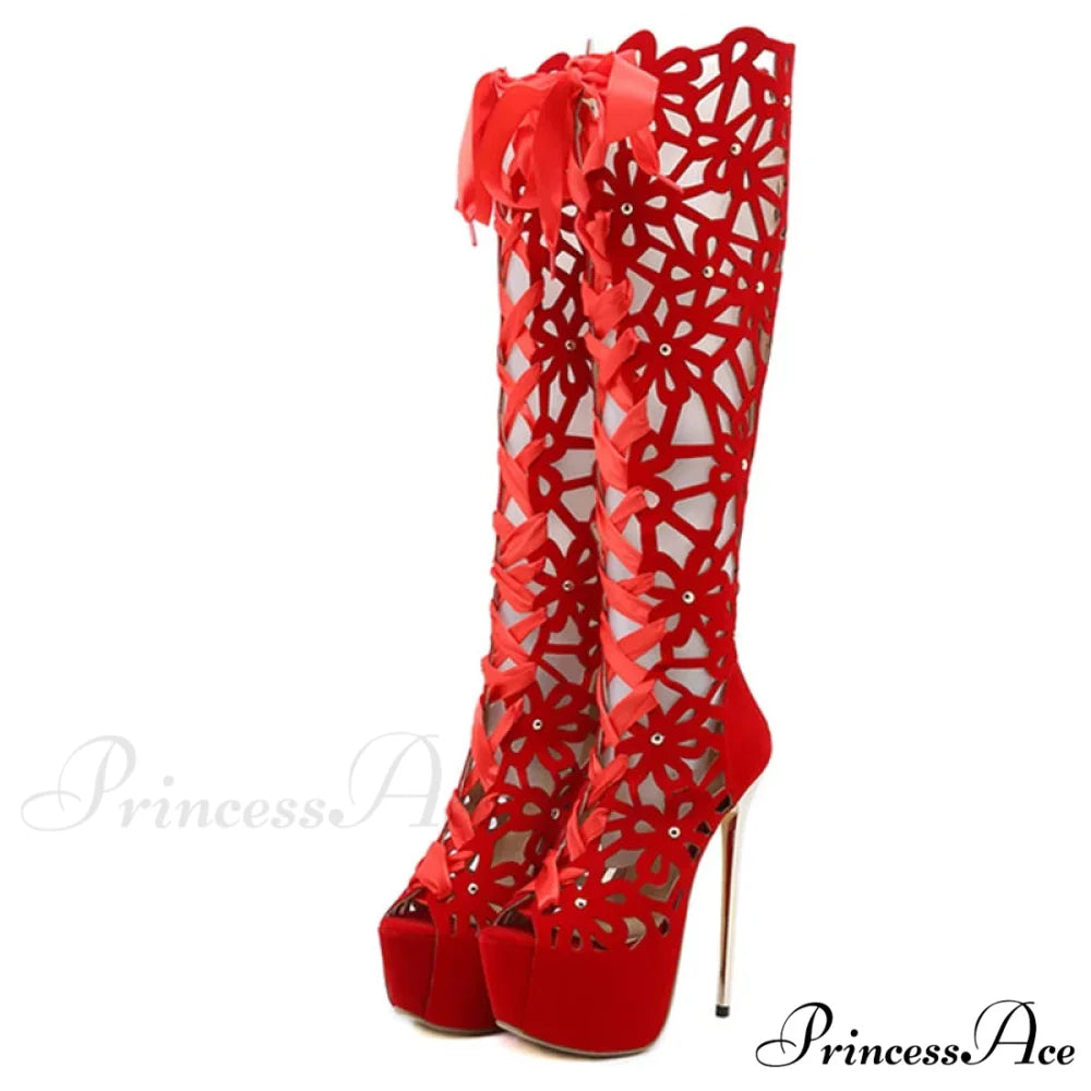 Hollow-Out Lace-Up Platform Knee-High Sexy Sandals Cross-Tie Peep-ToeFashionable High Heel Red / 35
